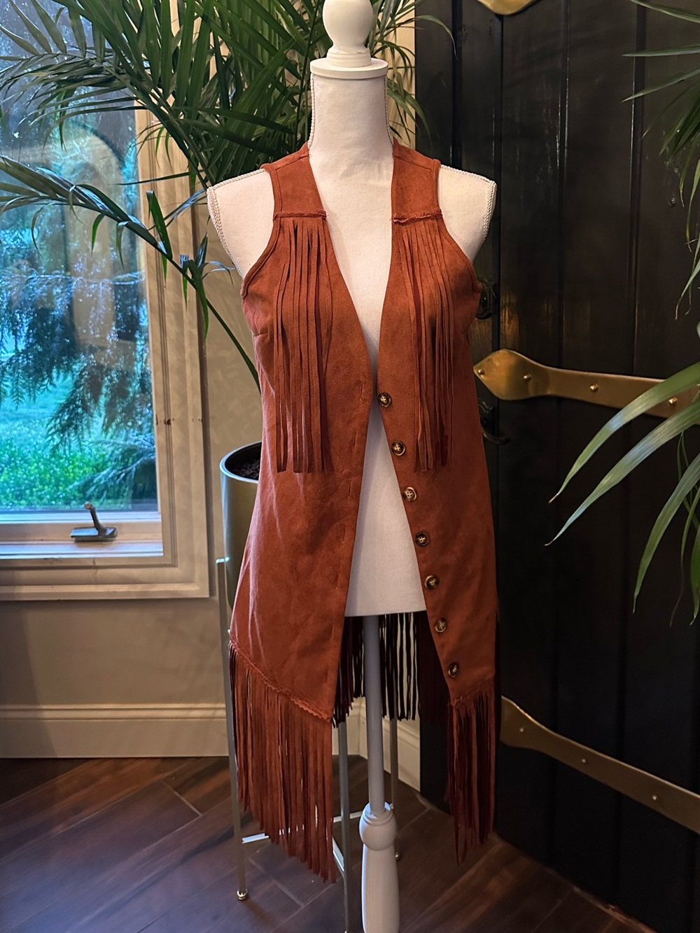 New Faux Suede Fringe Button Front southwestern BOHO Vest county western rust Lg